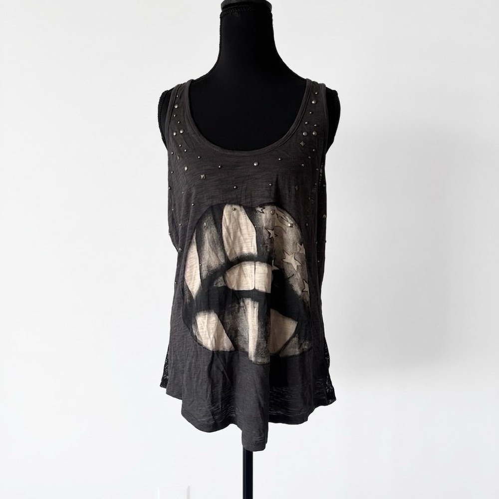 Y2K Express Lips Print Tank Top Back Lace Sheer Studded Grunge Boho Women LARGE